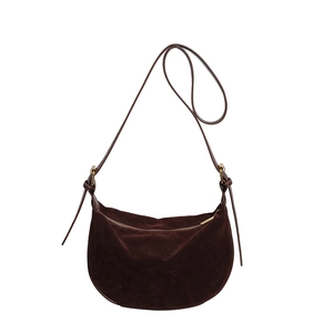 Retro dark brown suede hobo bag with gold zipper and minimalist vintage half-moon design
