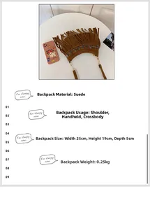 Détails d'un sac à franges bohème en daim marron avec sangles ethniques et dimensions