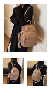Detail of khaki faux leather backpack with woven straps and small round coin purse