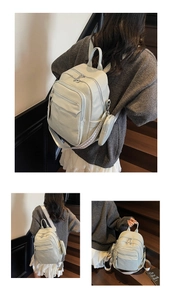 Detail of mint green soft leather backpack with floral woven strap and mini pouch