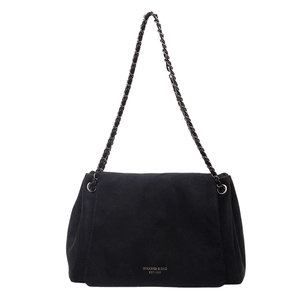 Minimalist black suede shoulder bag with gold chain strap and elegant brand lettering