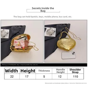 Size chart for shell acrylic evening clutch bag showing dimensions and interior capacity