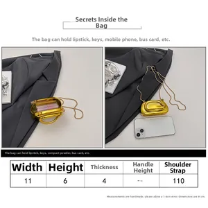Size guide for mini oval gold metal evening clutch with chain strap and dimensions