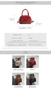 Size chart showing dimensions for red PU leather handbag with detachable shoulder strap
