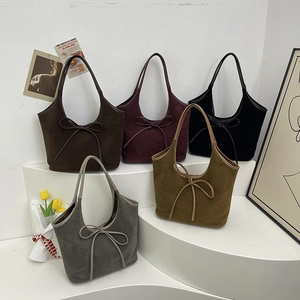 Women Faux Suede Tote Bag Vintage Shoulder Handbag With Bow Accent Large Capacity Minimalist Office Daily Bag