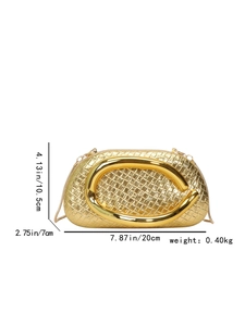 Detailed dimensions of gold woven clutch bag with large metal ring handle and chain