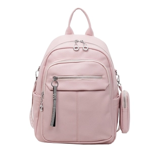Detail of pink lychee leather backpack with silver zippers and mini coin purse