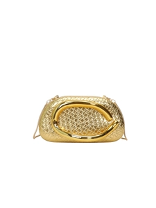 Macro view of gold woven evening clutch with luxury metal handle and snake chain strap