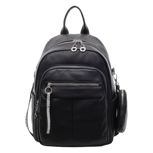 Black pebbled faux leather backpack with silver hardware and mini coin purse detail