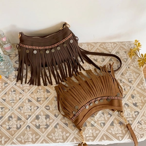 Bohemian Suede Crossbody Bag With Long Tassels Ethnic Embroidery Vintage Style Shoulder Bag For Women With Coin Charms
