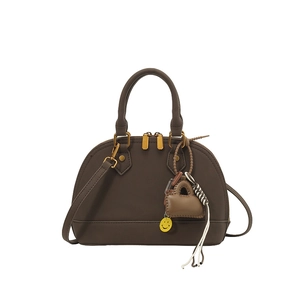 Retro brown shell-shaped leather handbag with top handles and detachable shoulder strap