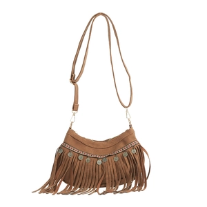 Brown suede shoulder bag with bohemian fringe, ethnic embroidery and metal disk charms