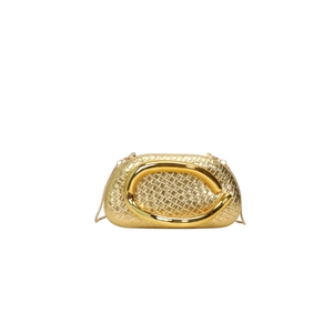 Luxury gold woven evening clutch bag with metal C-handle and chain shoulder strap