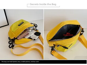 Vue détaillée de la mini sacoche en nylon jaune montrant le rangement de mobile et clés