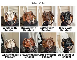 Collage of retro PU leather bucket bags with wooden bead handles and chain tassel details