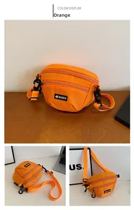 Détails du sac banane de sport orange en tissu Oxford avec sangle et poches zippées