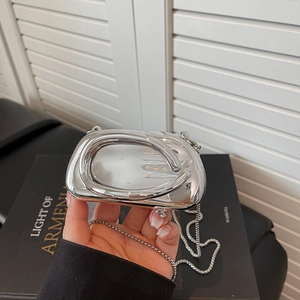 Silver mirror acrylic mini chain bag with metallic handle for evening parties