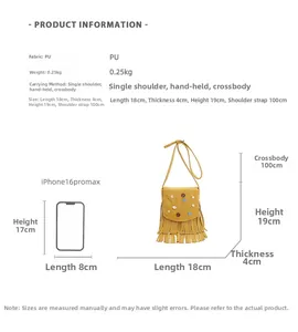 Size chart showing dimensions and PU material for the yellow tassel crossbody bag