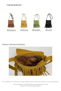 Detail of vintage suede crossbody bag showing interior zipper pocket and colorful tassel fringe