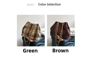 Detail view of plaid wool bucket bags with gold chain straps in green and brown colors