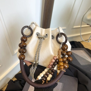 Vintage Women PU Leather Bucket Bag With Wooden Bead Handle Drawstring Metal Chain Tassel Crossbody Handbag Fashion
