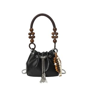 Chic black PU bucket bag with brown woven handle and decorative wooden beads