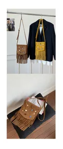 Detail of bohemian fringed crossbody bag featuring shell accents and colorful buttons