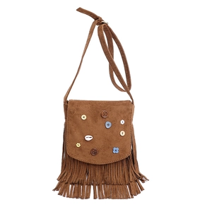 Vintage brown suede fringe crossbody bag with bohemian shell and button details