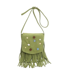 Detail of green suede fringe bag featuring colorful buttons and shell accents