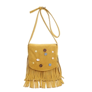 Bohemian mustard yellow tassel crossbody bag with floral accents and matte texture