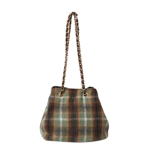 Classic green plaid woolen bucket bag with gold chain strap for women autumn winter style