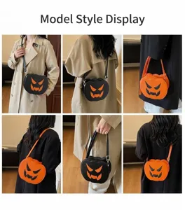Modische Halloween Kürbis Umhängetasche an Models mit verschiedenen Outfits