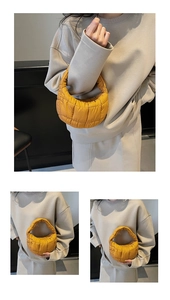 Detail shots of mustard yellow quilted cloud bag featuring padded crescent design