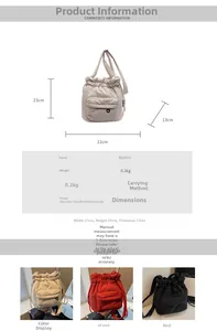 Detailed size chart and multi-color view of nylon drawstring crossbody bucket bag