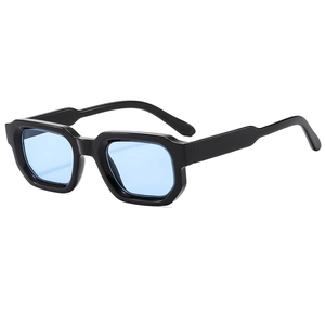 Vintage retro thick black square frame sunglasses with transparent blue lenses