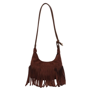 Sac bandoulière vintage en daim marron foncé avec de longues franges bohèmes