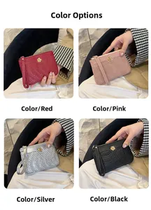 Short wallets in red, pink, silver, and black with woven texture and rose emblem