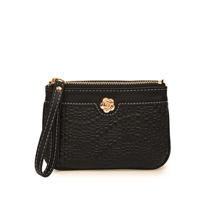 Black crocodile embossed leather wristlet wallet with gold camellia floral ornament