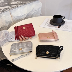 Women PU Leather Wallet With Golden Flower Decoration Zipper Coin Purse Card Holder With Wristlet Strap Short Clutch