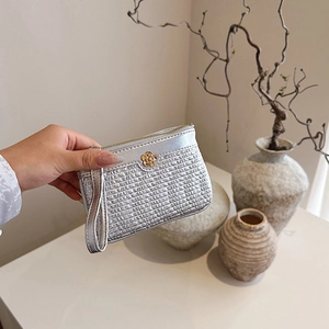 Silver woven texture wallet with gold camellia buckle and wristlet strap for women