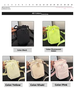Detail view of five mini crossbody bags in black, green, yellow, khaki, and pink colors