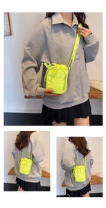 Three-view detail of a neon yellow crossbody phone bag showing front, back, and side angles