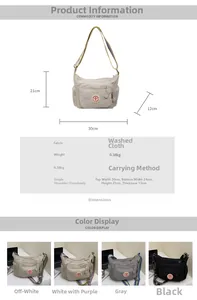 Detailed size chart for nylon crossbody bag showing 30x21x12cm dimensions and colors