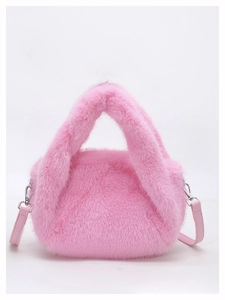 Close-up of pink faux fur handbag featuring soft texture and detachable PU leather strap