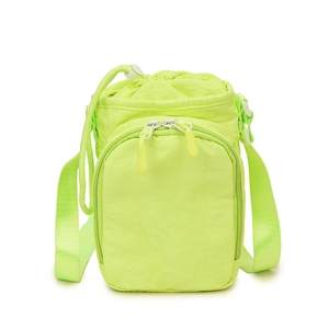 Neon green nylon drawstring crossbody bucket bag with front zipper pocket for sports