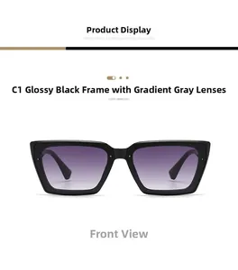 Vorderansicht der Cat-Eye-Sonnenbrille mit schwarzem Glanzrahmen und lila Verlaufsgläsern