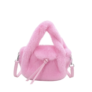 Pink plush faux fur handbag with knot detail and detachable leather shoulder strap