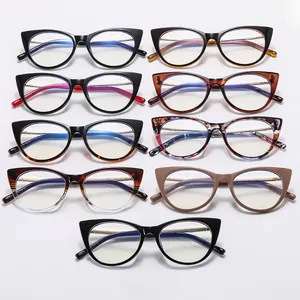 Detailed grid of cat-eye eyewear frames in nine vintage colors with gold metal temples
