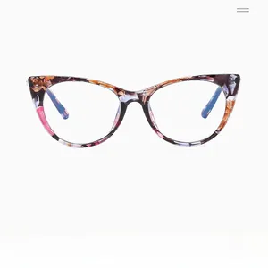 Detail of cat-eye frames featuring colorful floral marble texture and clear lenses