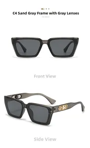 Detail der mattgrauen Cat-Eye-Sonnenbrille mit goldener Schnitzerei und Perlenverzierung